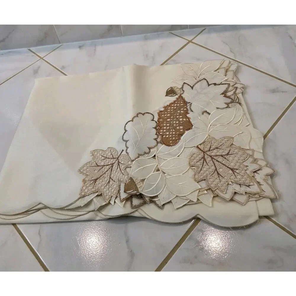 Evermaple Neutral Embroidered Fall Leaf Tablecloth 60x84 Rectangular Cutwork...